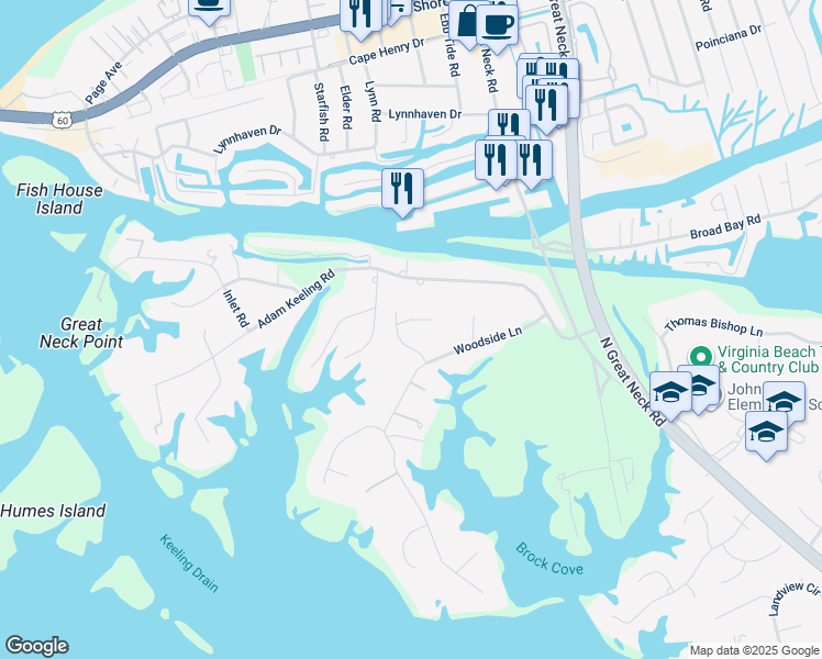 map of restaurants, bars, coffee shops, grocery stores, and more near 2913 Keelingwood Court in Virginia Beach
