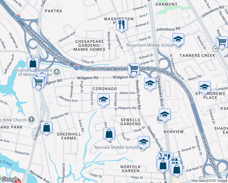 map of restaurants, bars, coffee shops, grocery stores, and more near in Norfolk