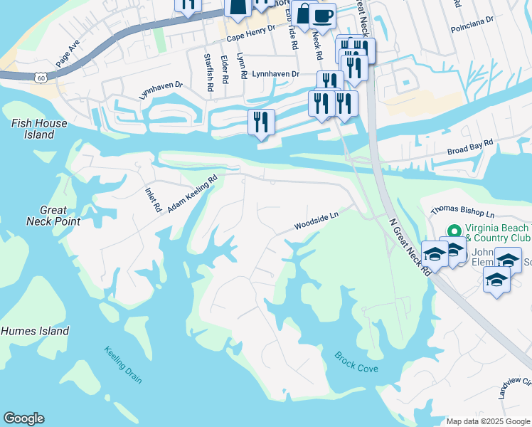 map of restaurants, bars, coffee shops, grocery stores, and more near 2913 Keelingwood Court in Virginia Beach