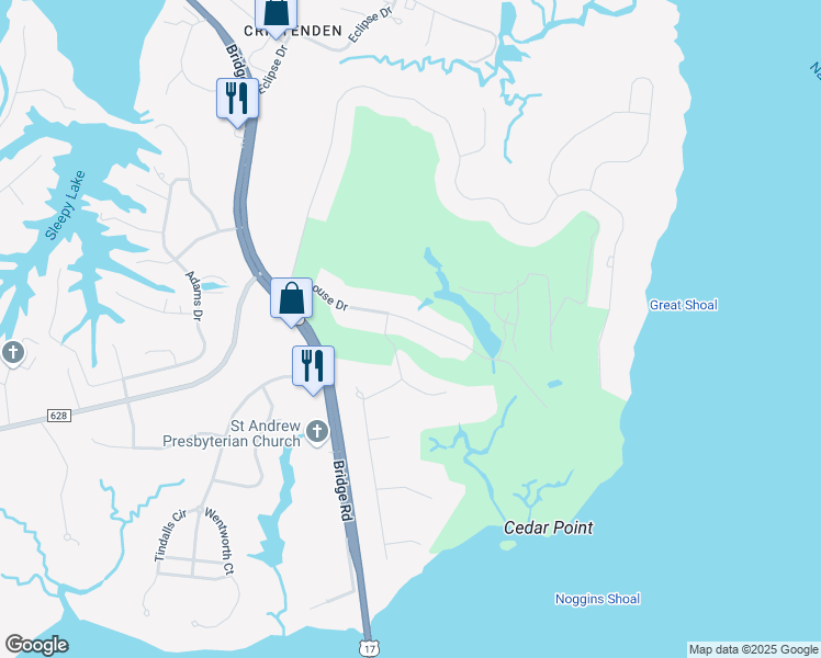 map of restaurants, bars, coffee shops, grocery stores, and more near 8041 Clubhouse Drive in Suffolk