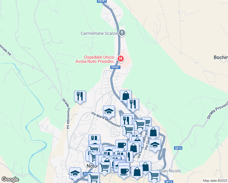 map of restaurants, bars, coffee shops, grocery stores, and more near Strada Statale 287 in Noto