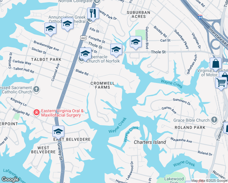 map of restaurants, bars, coffee shops, grocery stores, and more near 240 South Blake Road in Norfolk
