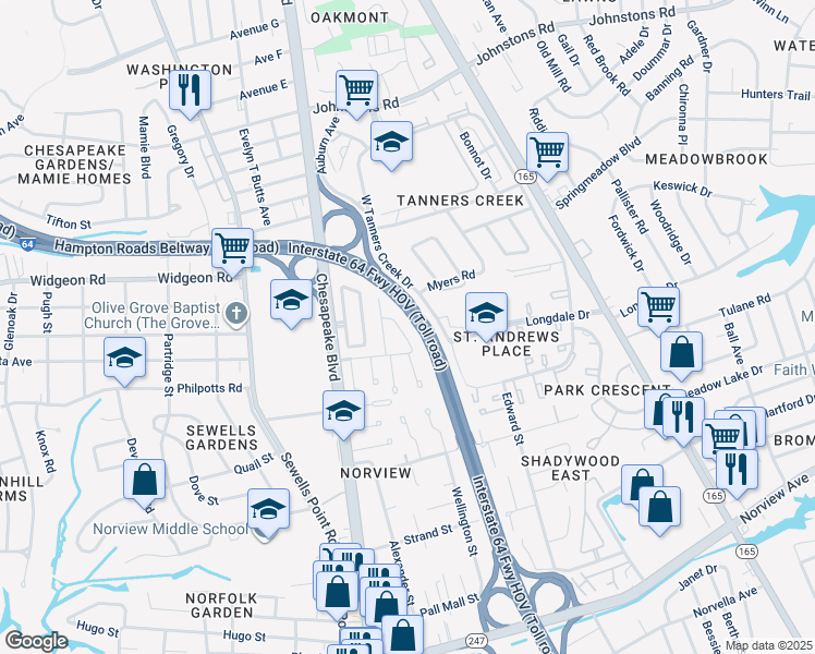 map of restaurants, bars, coffee shops, grocery stores, and more near 6616 Pilot Avenue in Norfolk