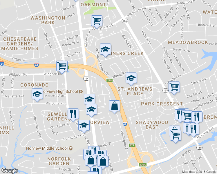 map of restaurants, bars, coffee shops, grocery stores, and more near 6616 Pilot Avenue in Norfolk