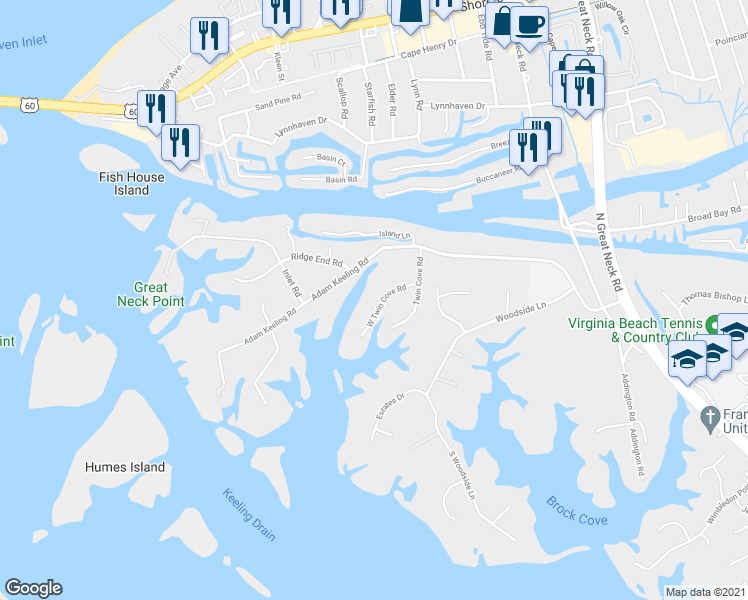map of restaurants, bars, coffee shops, grocery stores, and more near 1924 West Twin Cove Road in Virginia Beach