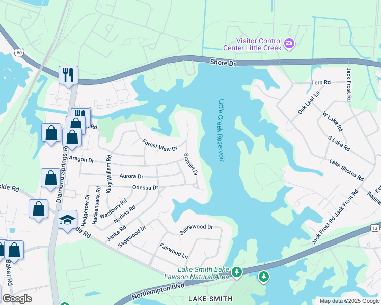 map of restaurants, bars, coffee shops, grocery stores, and more near 1816 Sunrise Drive in Virginia Beach