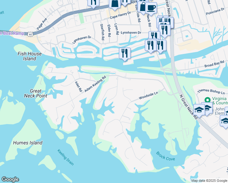 map of restaurants, bars, coffee shops, grocery stores, and more near 1933 West Twin Cove Road in Virginia Beach