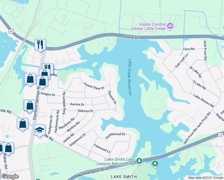 map of restaurants, bars, coffee shops, grocery stores, and more near 1816 Sunrise Drive in Virginia Beach