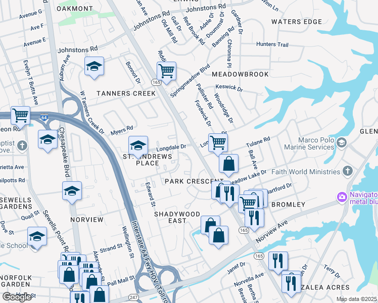map of restaurants, bars, coffee shops, grocery stores, and more near 6691 Virginia 165 in Norfolk