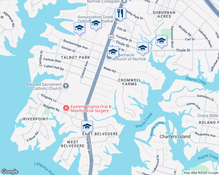 map of restaurants, bars, coffee shops, grocery stores, and more near 132 Fayton Avenue in Norfolk