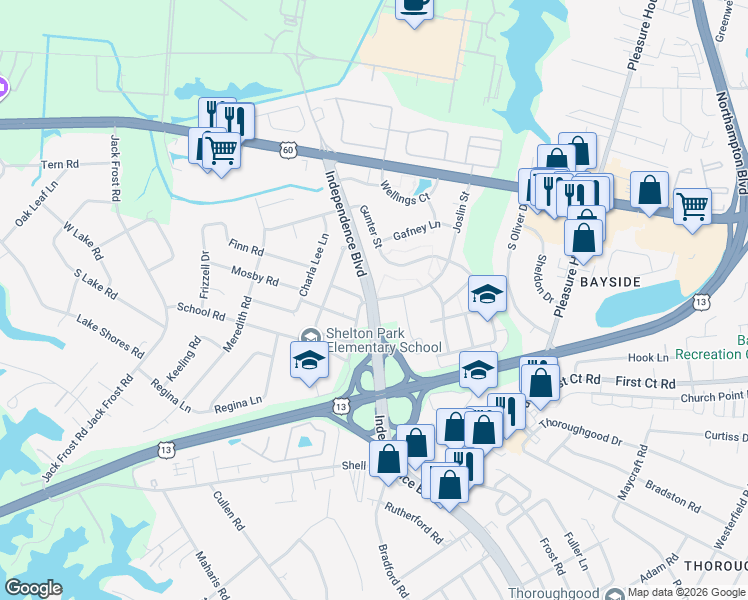 map of restaurants, bars, coffee shops, grocery stores, and more near 1900 Independence Boulevard in Virginia Beach