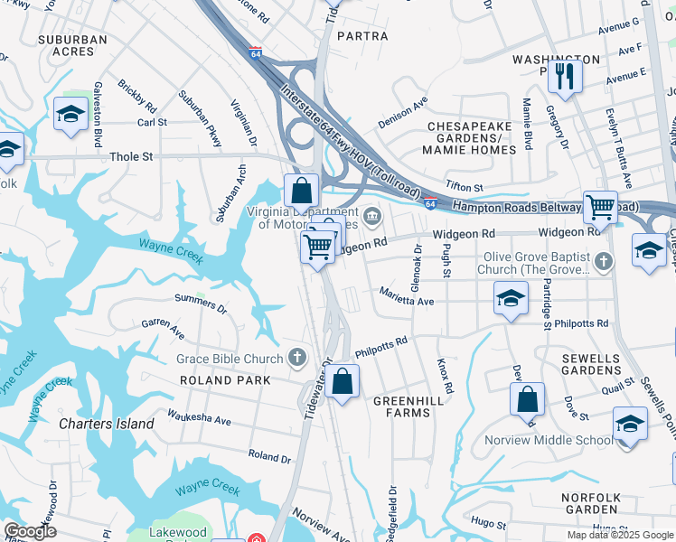 map of restaurants, bars, coffee shops, grocery stores, and more near 6617 Charnwood Court in Norfolk