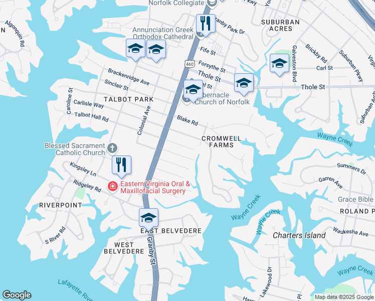 map of restaurants, bars, coffee shops, grocery stores, and more near 132 Fayton Avenue in Norfolk