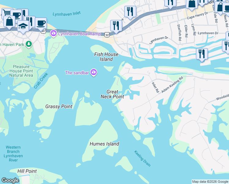 map of restaurants, bars, coffee shops, grocery stores, and more near 3171 Inlet Road in Virginia Beach