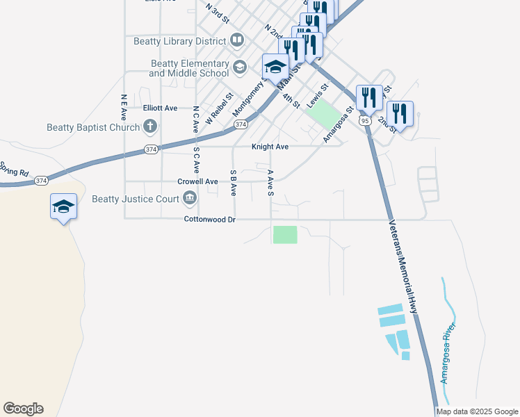 map of restaurants, bars, coffee shops, grocery stores, and more near 351 A Avenue South in Beatty