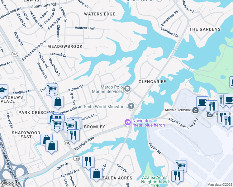 map of restaurants, bars, coffee shops, grocery stores, and more near 2026 Meadow Lake Court in Norfolk
