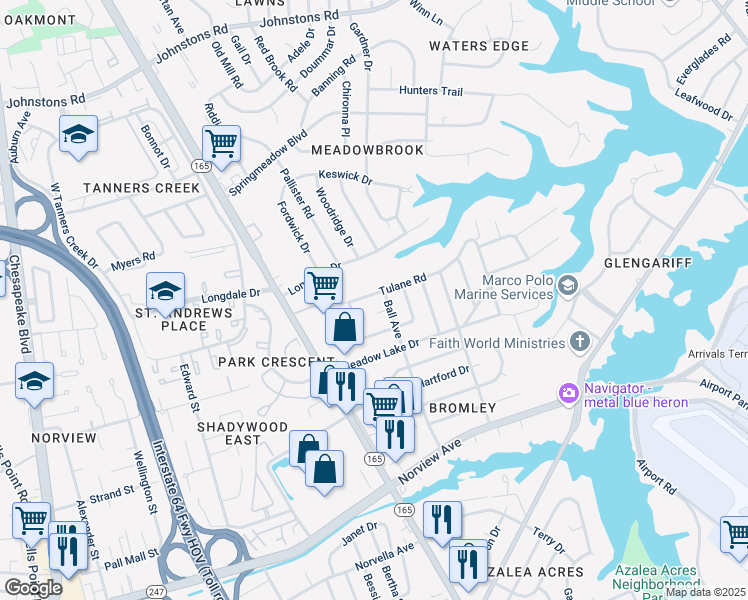 map of restaurants, bars, coffee shops, grocery stores, and more near 1730 Tulane Road in Norfolk