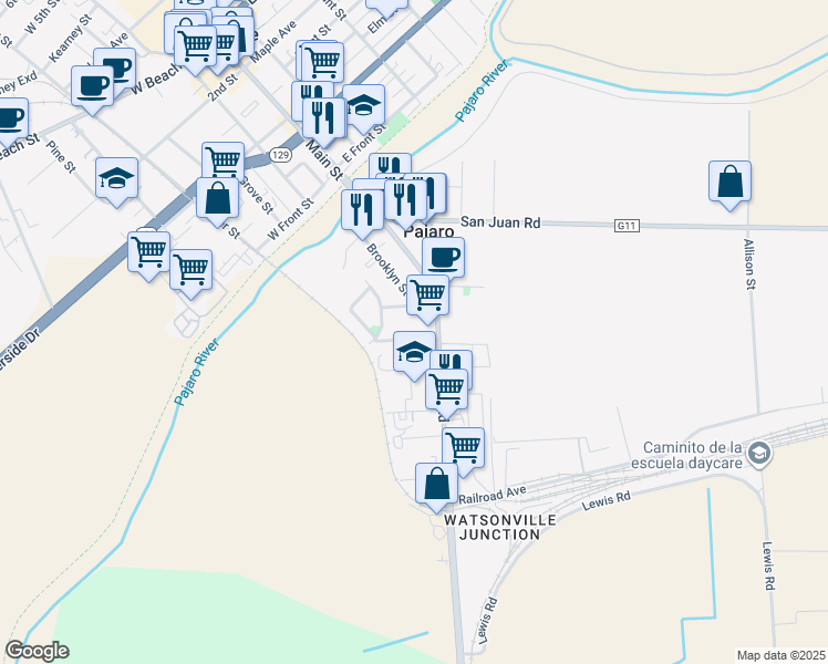 map of restaurants, bars, coffee shops, grocery stores, and more near 80 Porter Drive in Pajaro