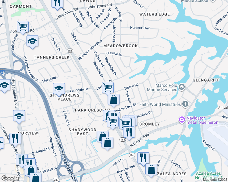 map of restaurants, bars, coffee shops, grocery stores, and more near 1674 Tulane Road in Norfolk