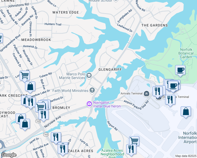 map of restaurants, bars, coffee shops, grocery stores, and more near 2112 Carriage Lane in Norfolk