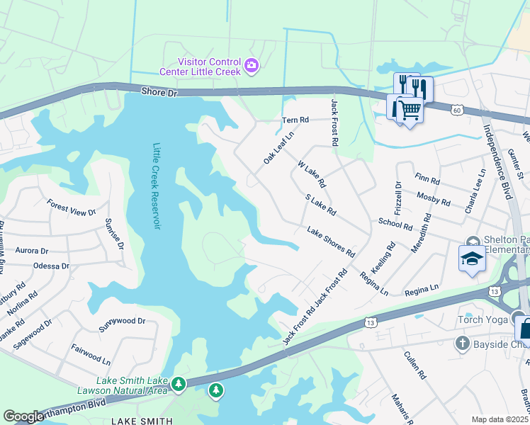 map of restaurants, bars, coffee shops, grocery stores, and more near 5173 Lake Shores Road in Virginia Beach
