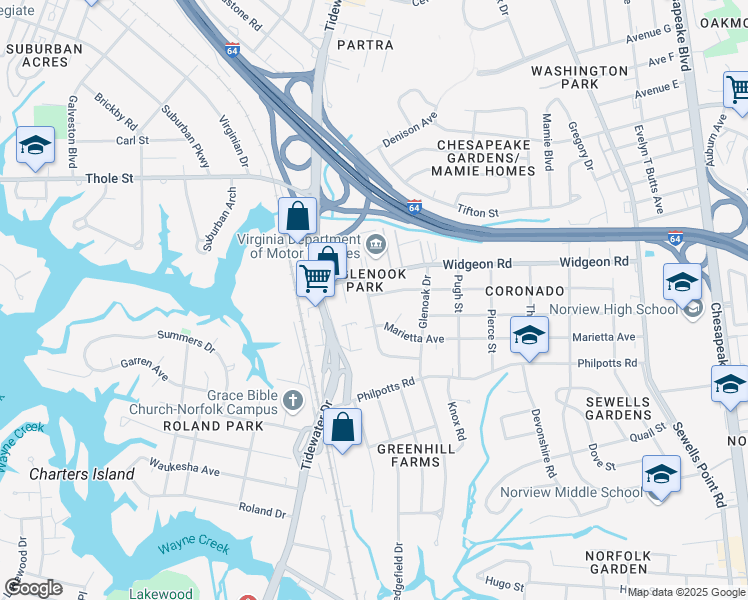 map of restaurants, bars, coffee shops, grocery stores, and more near 6616 Whitehorn Drive in Norfolk