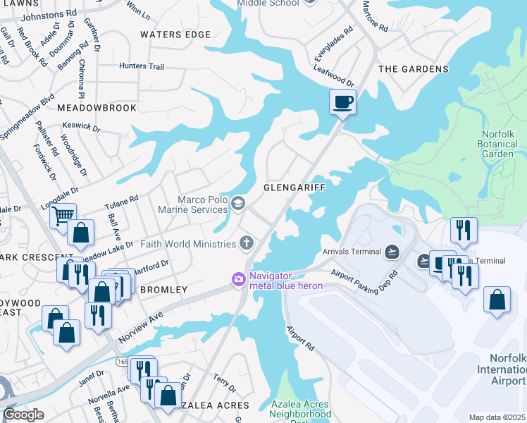 map of restaurants, bars, coffee shops, grocery stores, and more near 2112 Carriage Lane in Norfolk