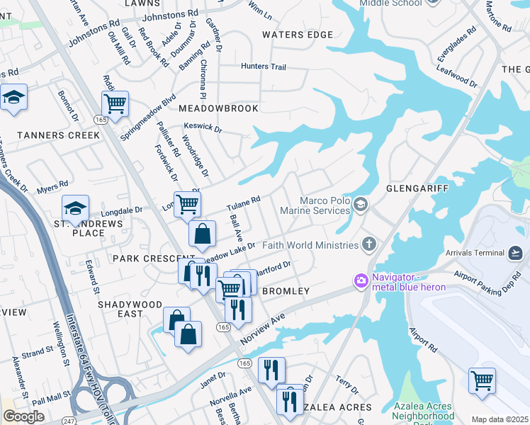 map of restaurants, bars, coffee shops, grocery stores, and more near 6434 Crafford Avenue in Norfolk