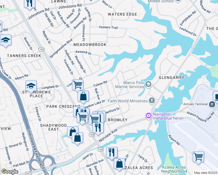 map of restaurants, bars, coffee shops, grocery stores, and more near 6434 Crafford Avenue in Norfolk
