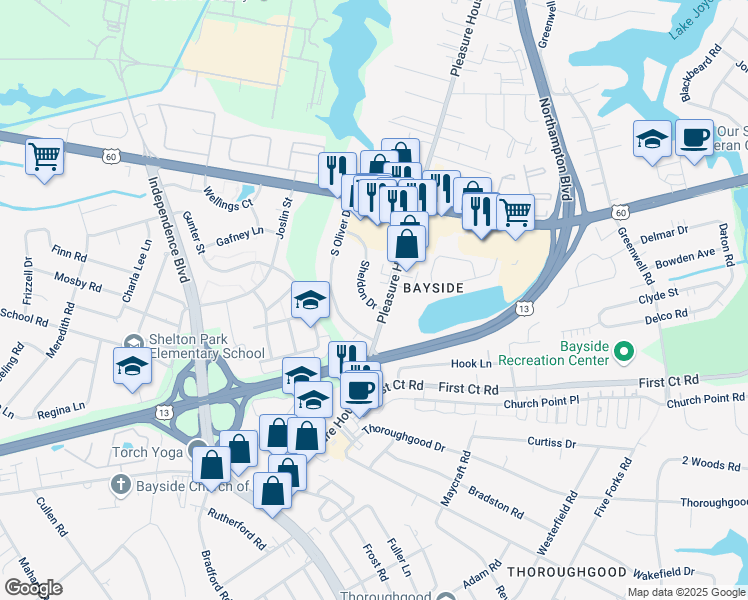 map of restaurants, bars, coffee shops, grocery stores, and more near 4804 Sheldon Drive in Virginia Beach