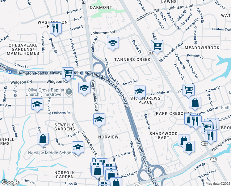 map of restaurants, bars, coffee shops, grocery stores, and more near 6624 Pilot Avenue in Norfolk