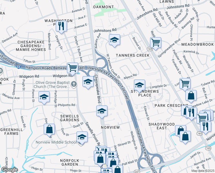 map of restaurants, bars, coffee shops, grocery stores, and more near 6600 Chesapeake Boulevard in Norfolk