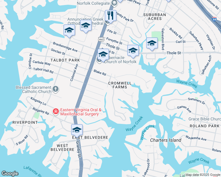 map of restaurants, bars, coffee shops, grocery stores, and more near 205 Sir Oliver Road in Norfolk
