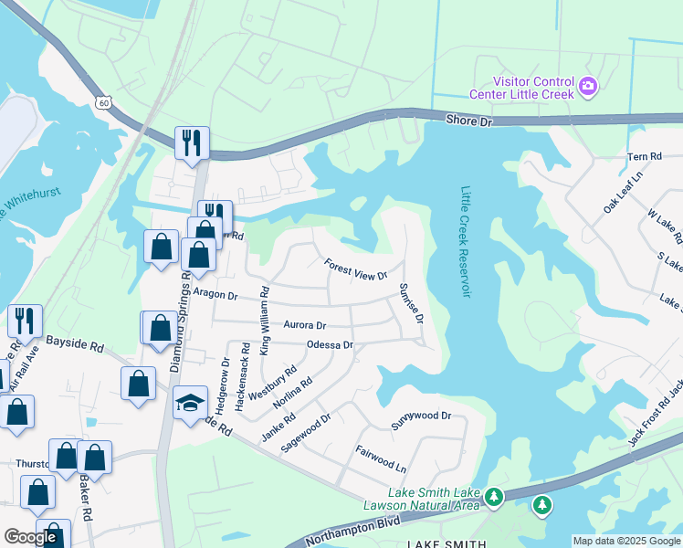 map of restaurants, bars, coffee shops, grocery stores, and more near 5541 Forest View Drive in Virginia Beach