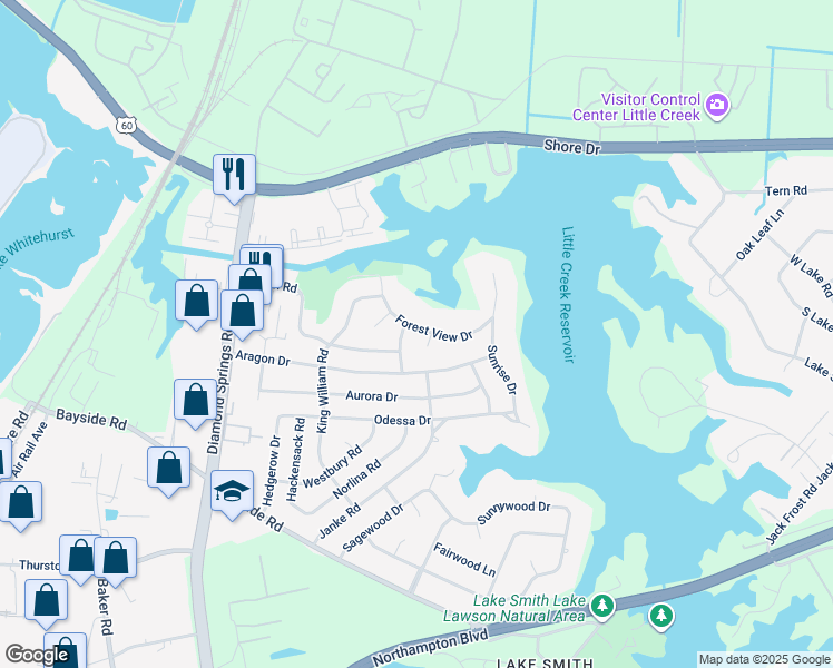 map of restaurants, bars, coffee shops, grocery stores, and more near 5541 Forest View Drive in Virginia Beach