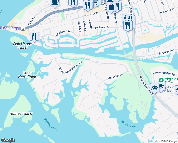 map of restaurants, bars, coffee shops, grocery stores, and more near 1933 West Twin Cove Road in Virginia Beach