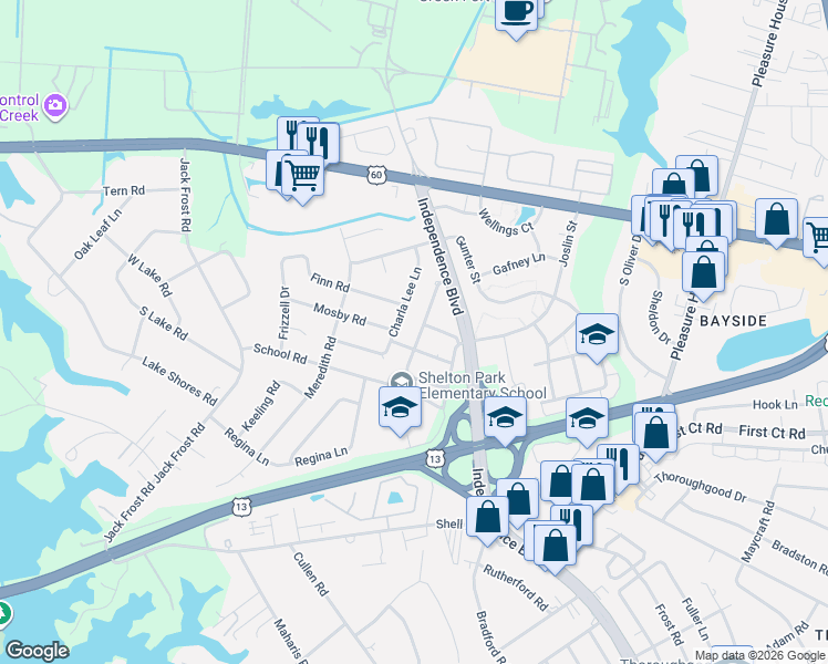 map of restaurants, bars, coffee shops, grocery stores, and more near 1920 Charla Lee Lane in Virginia Beach