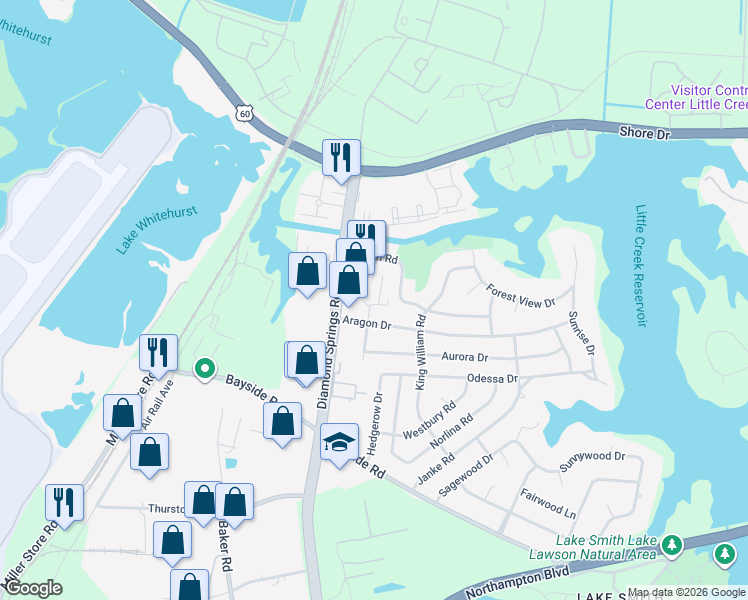 map of restaurants, bars, coffee shops, grocery stores, and more near 1924 Diamond Springs Road in Virginia Beach