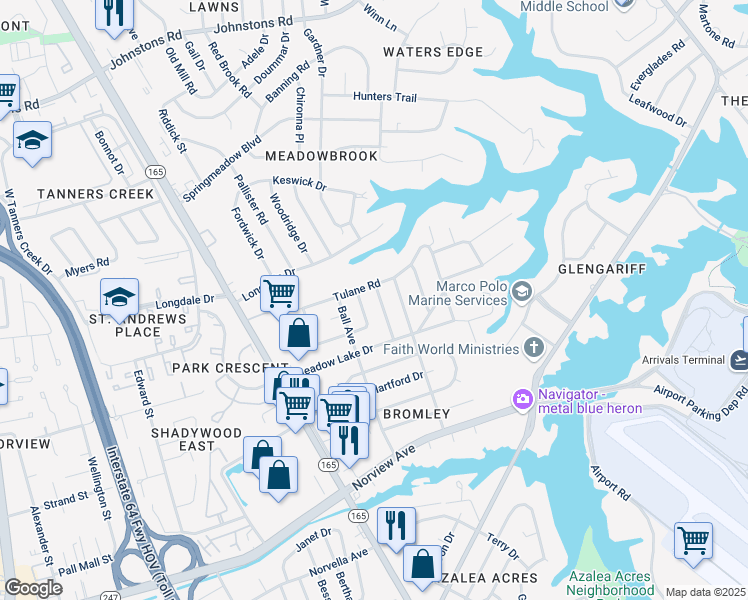 map of restaurants, bars, coffee shops, grocery stores, and more near 6447 Crafford Avenue in Norfolk