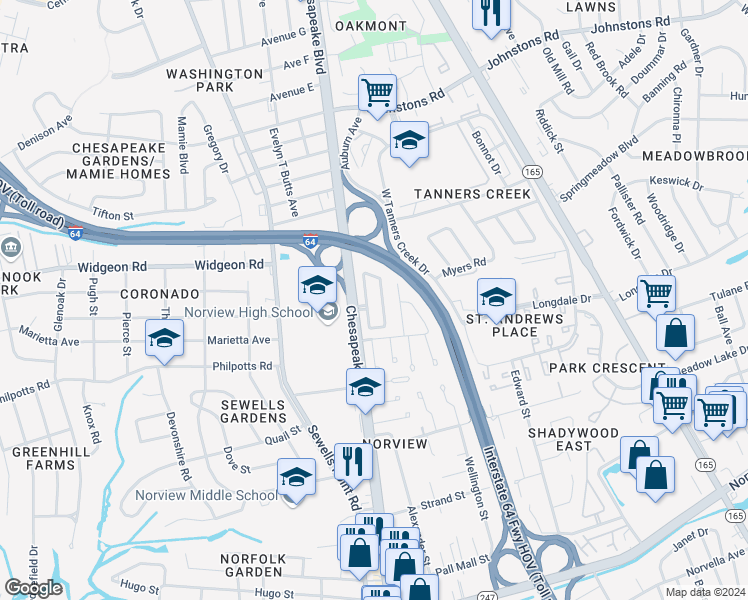 map of restaurants, bars, coffee shops, grocery stores, and more near 6600 Chesapeake Boulevard in Norfolk