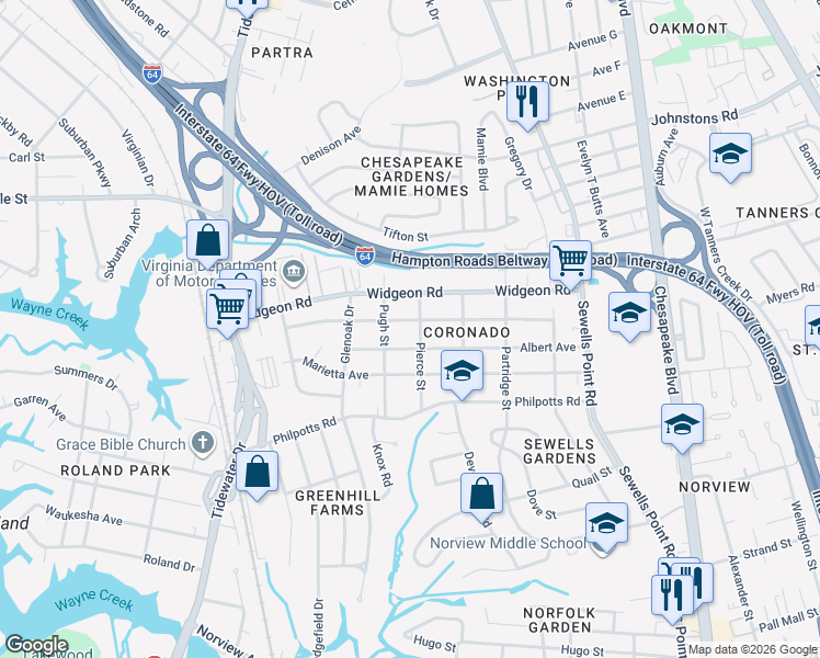 map of restaurants, bars, coffee shops, grocery stores, and more near 932 Wolcott Avenue in Norfolk