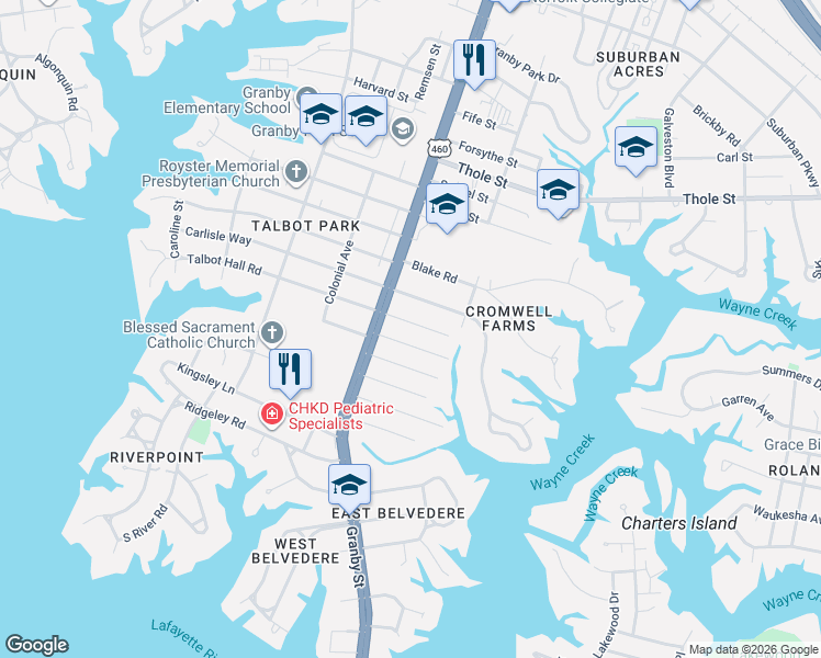 map of restaurants, bars, coffee shops, grocery stores, and more near 132 Fayton Avenue in Norfolk