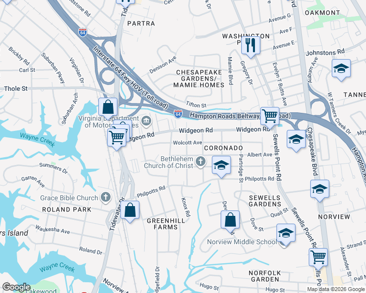 map of restaurants, bars, coffee shops, grocery stores, and more near 908 Wolcott Avenue in Norfolk