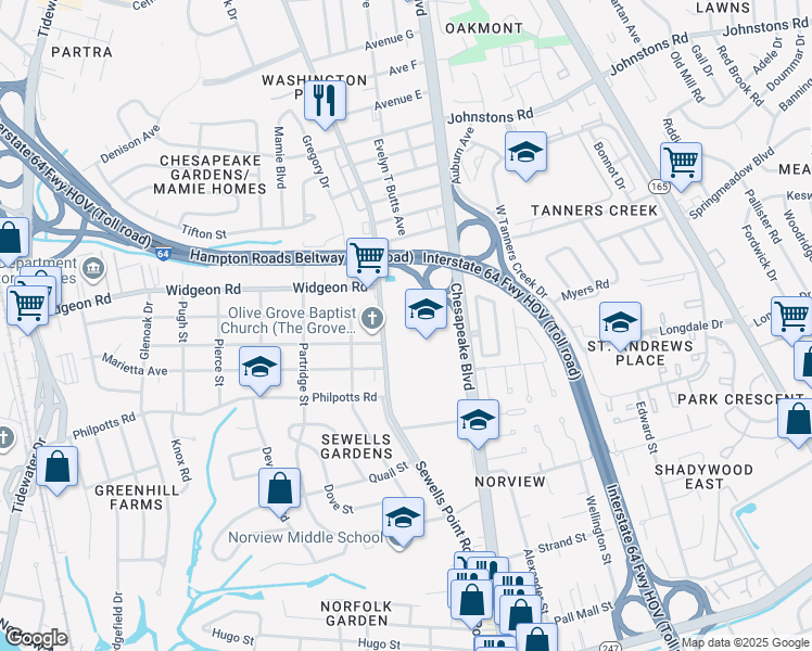 map of restaurants, bars, coffee shops, grocery stores, and more near 6800 Sewells Point Road in Norfolk