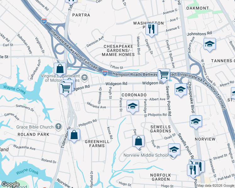 map of restaurants, bars, coffee shops, grocery stores, and more near 932 Wolcott Avenue in Norfolk