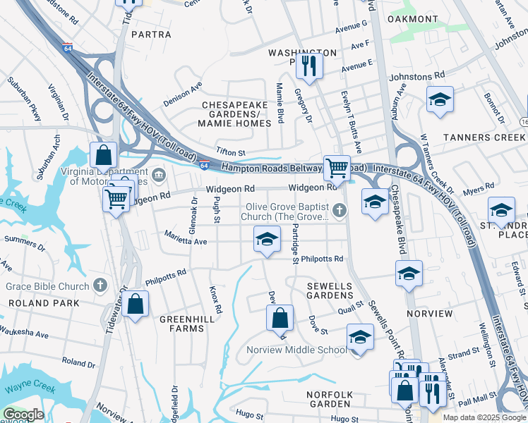 map of restaurants, bars, coffee shops, grocery stores, and more near 955 Wolcott Avenue in Norfolk