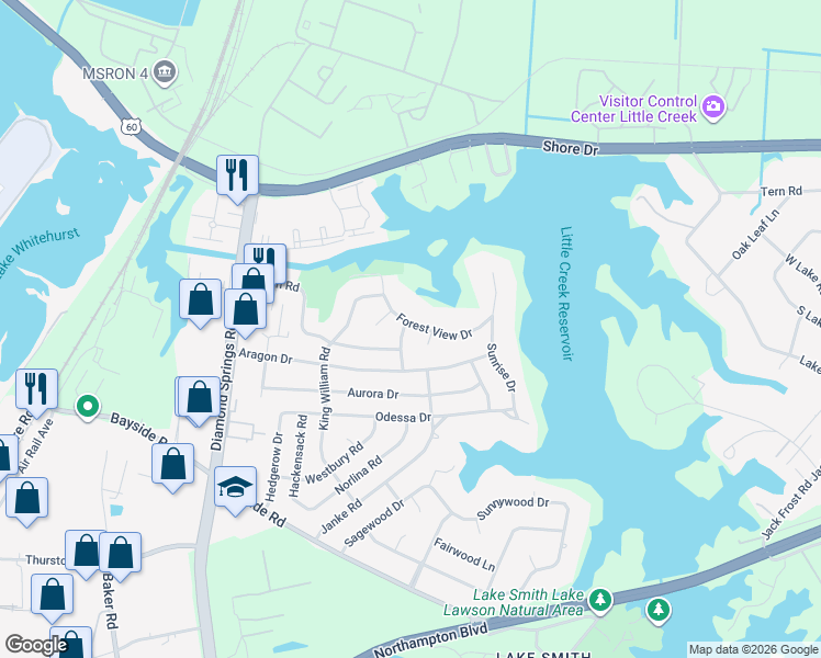 map of restaurants, bars, coffee shops, grocery stores, and more near 5545 Forest View Drive in Virginia Beach