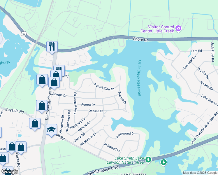 map of restaurants, bars, coffee shops, grocery stores, and more near 5524 Forest View Drive in Virginia Beach