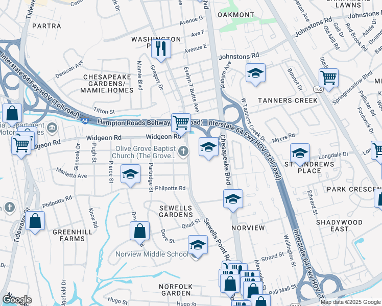 map of restaurants, bars, coffee shops, grocery stores, and more near 6800 Sewells Point Road in Norfolk