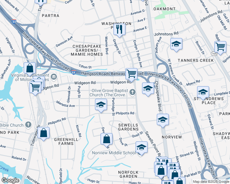 map of restaurants, bars, coffee shops, grocery stores, and more near 1008 Wolcott Avenue in Norfolk